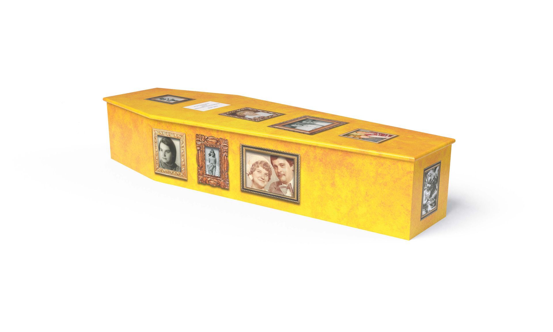 A yellow coffin with pictures on it on a white background