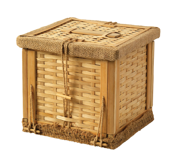 A small wicker box with a lid on a white background