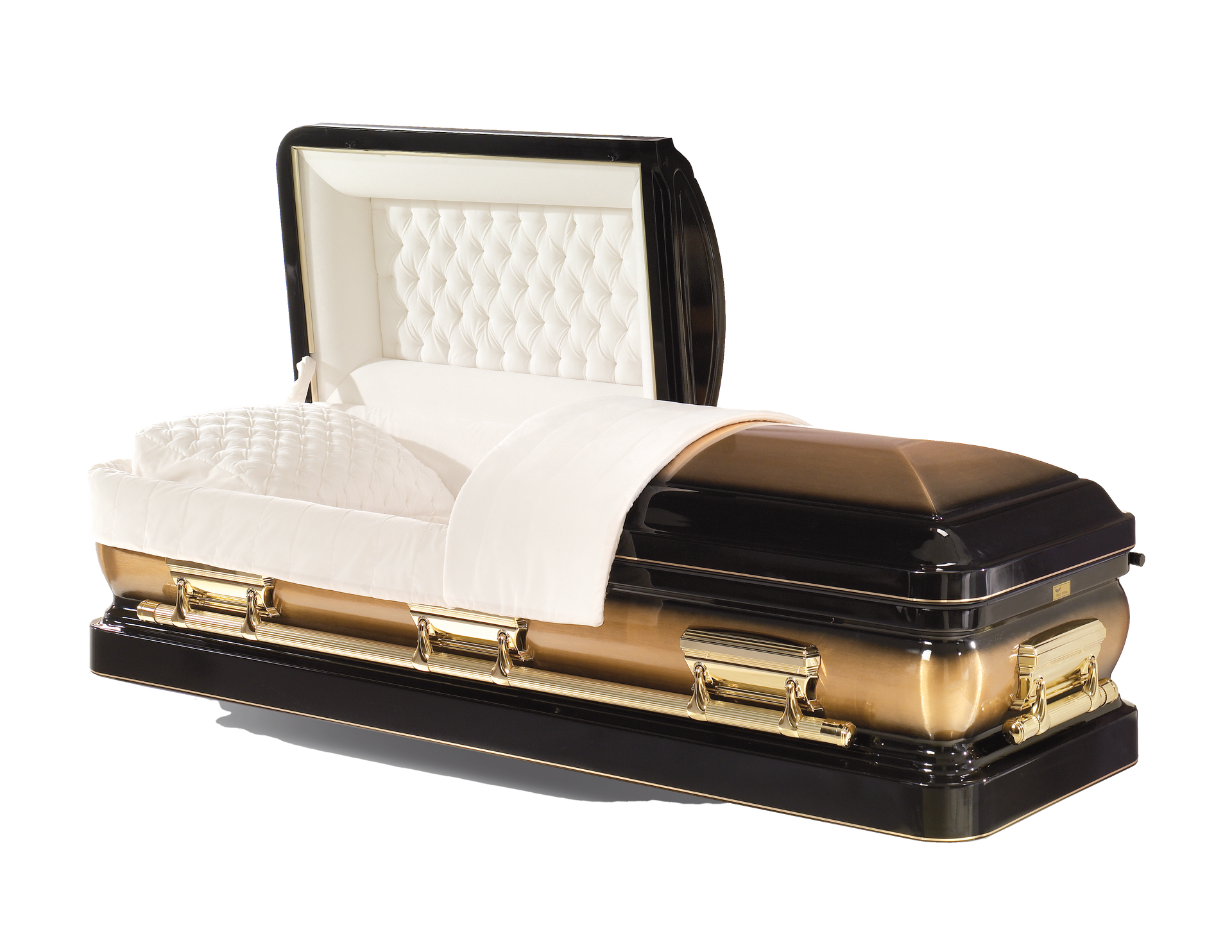 A black and gold coffin with the lid open