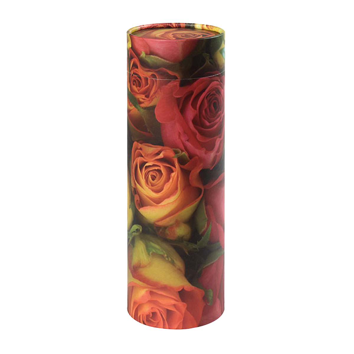 A cylinder with roses on it on a white background