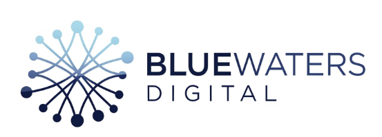 Logo for BlueWaters Digital, featuring a circular network of blue connected dots and text.