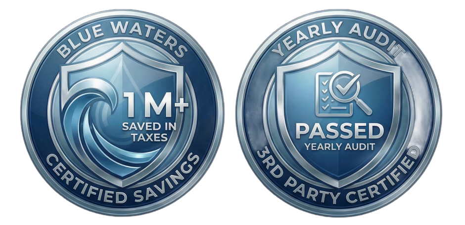 Tax Wealth Solutions logo: blue shield with wave design,