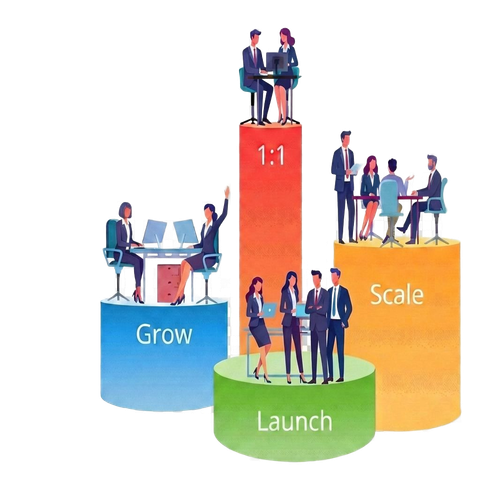 Diagram of service levels: launch, grow, 1:1, scale. People interacting on each stage.