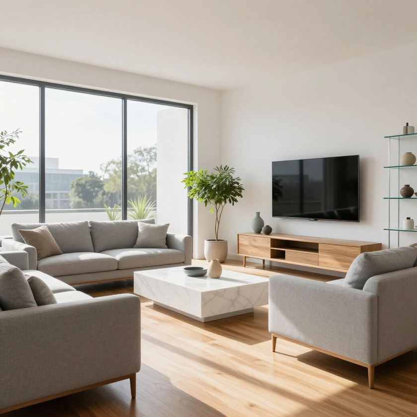 Open living room with a tv, plant, couches, and clean windows overlooking the outside