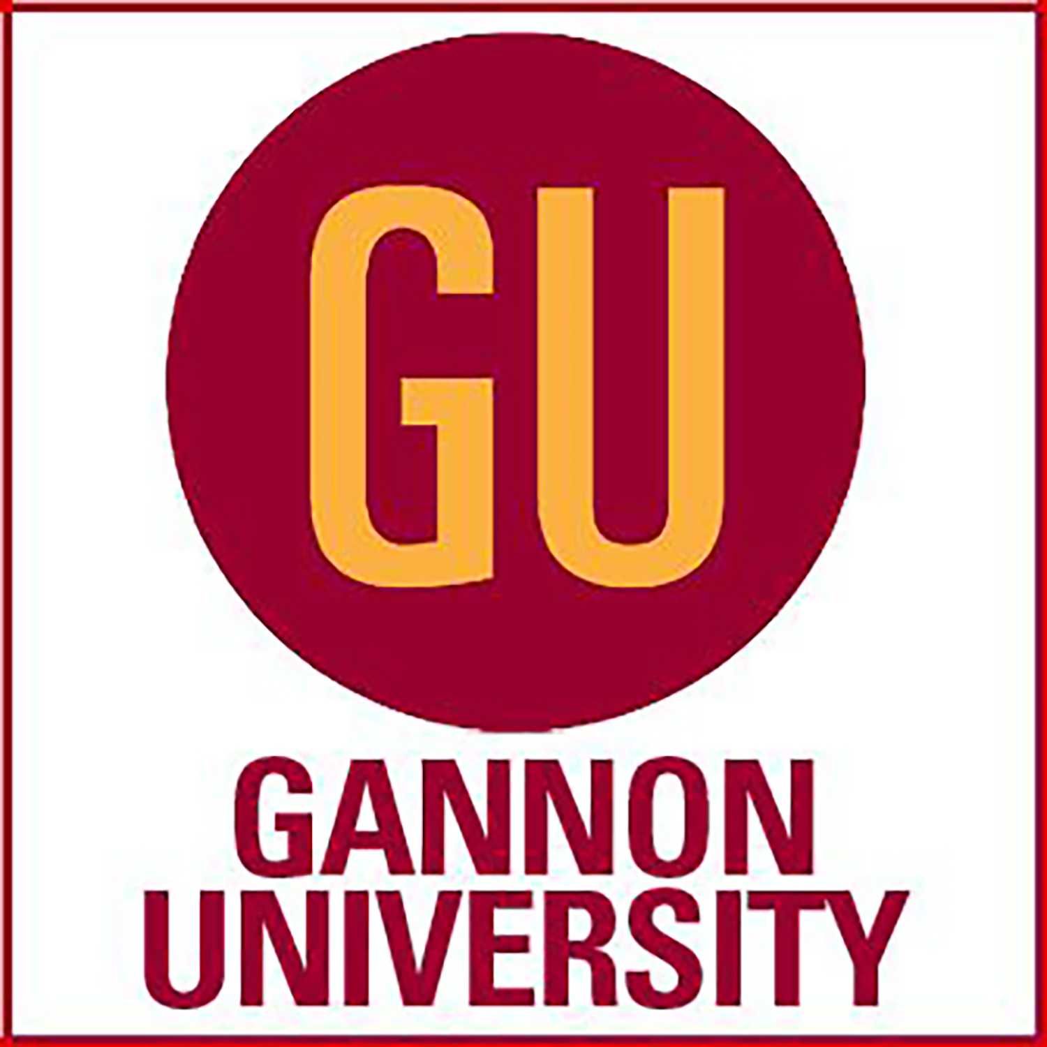 The logo for gannon university is a red circle with yellow letters.