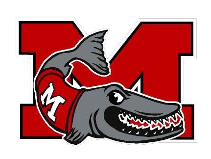 A cartoon of a fish wearing a red shirt with the letter m on it.