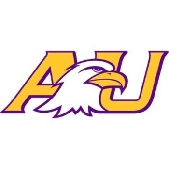 A yellow and purple logo with an eagle on it