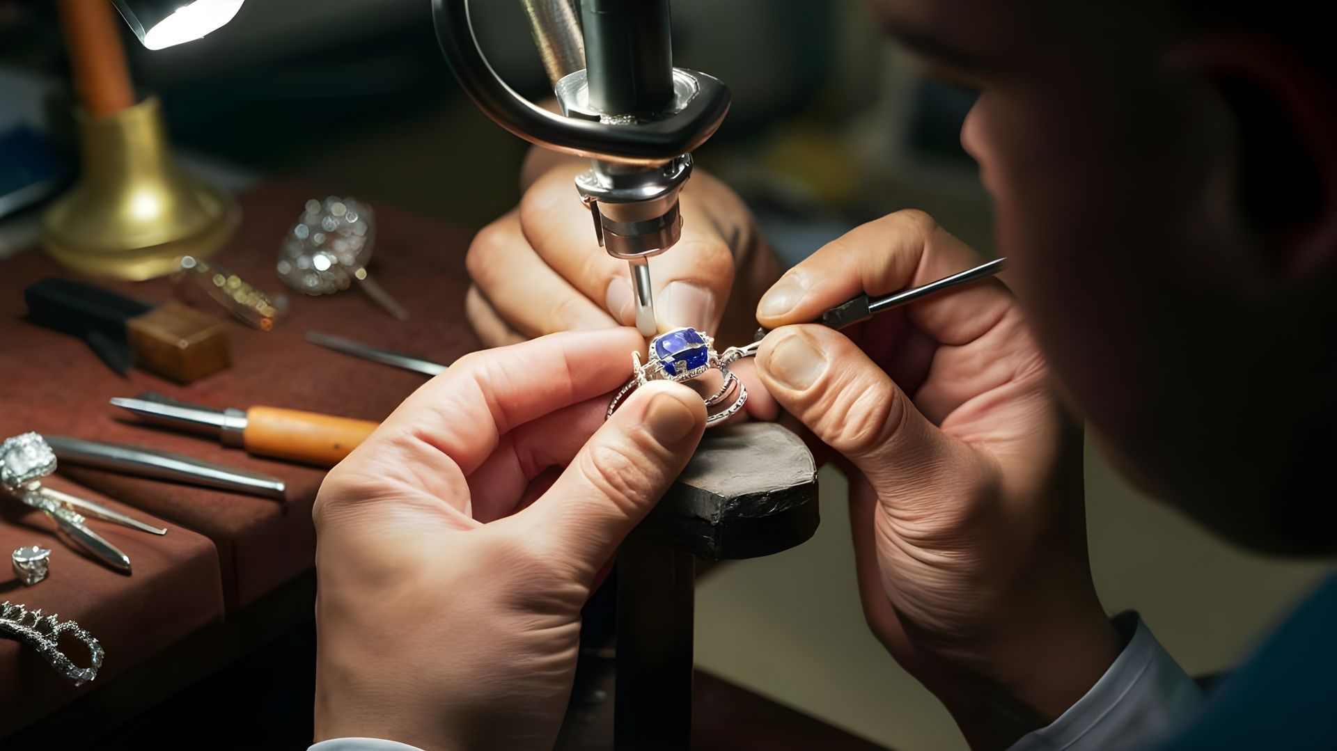Jeweler using tools to work on a ring with a blue gemstone, close up.