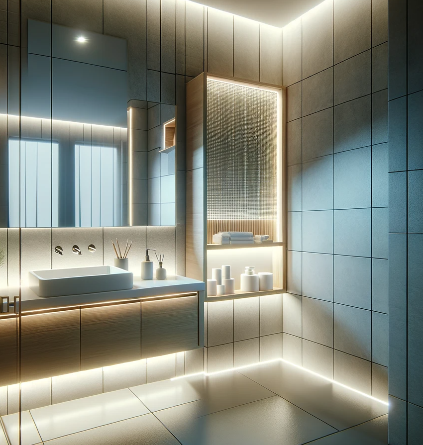 LED lighting beneath the vanity and around the perimeter of the ceiling, with a focus contemporary bathroom 024 design trends.