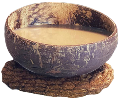 A coconut bowl filled with a brown liquid sits on a coaster