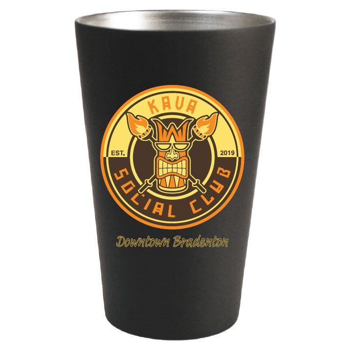 A black cup with a tiki head and the words kava social club on it