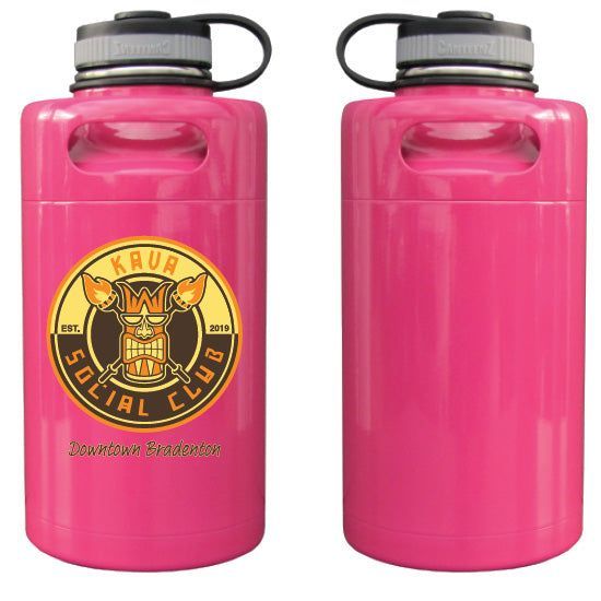 Two pink bottles with the words kava social club on them