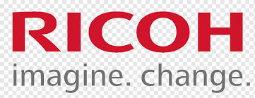 O logotipo da ricoh é vermelho e branco e diz imagine mudança.