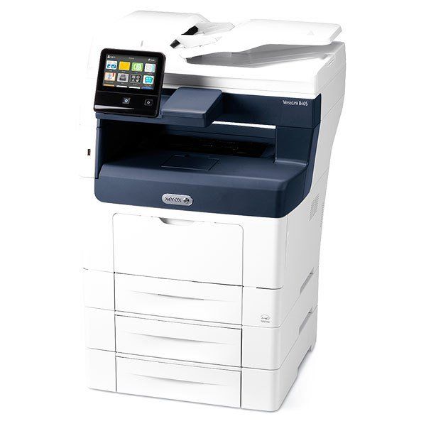 Uma impressora branca e azul com uma tela sensível ao toque em cima.