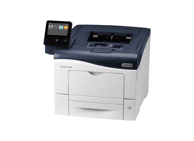 Uma impressora com uma tela sensível ao toque em cima sobre um fundo branco.