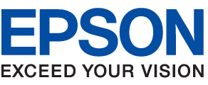 O logotipo da Epson é azul e branco e diz exceda sua visão