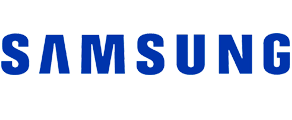 O logotipo da Samsung é azul e branco sobre fundo branco.