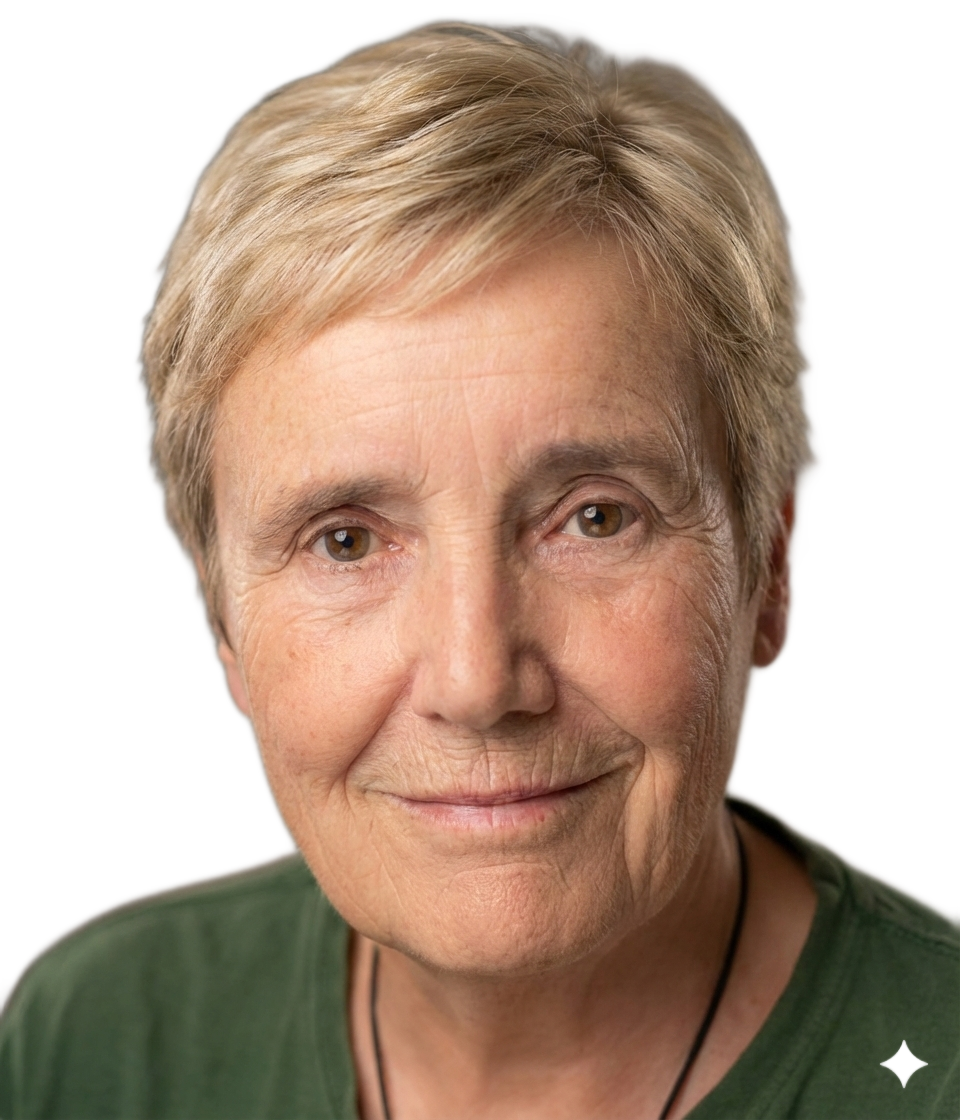 Shiley short blonde hair and a slight smile, wearing a green shirt, looking at the viewer.