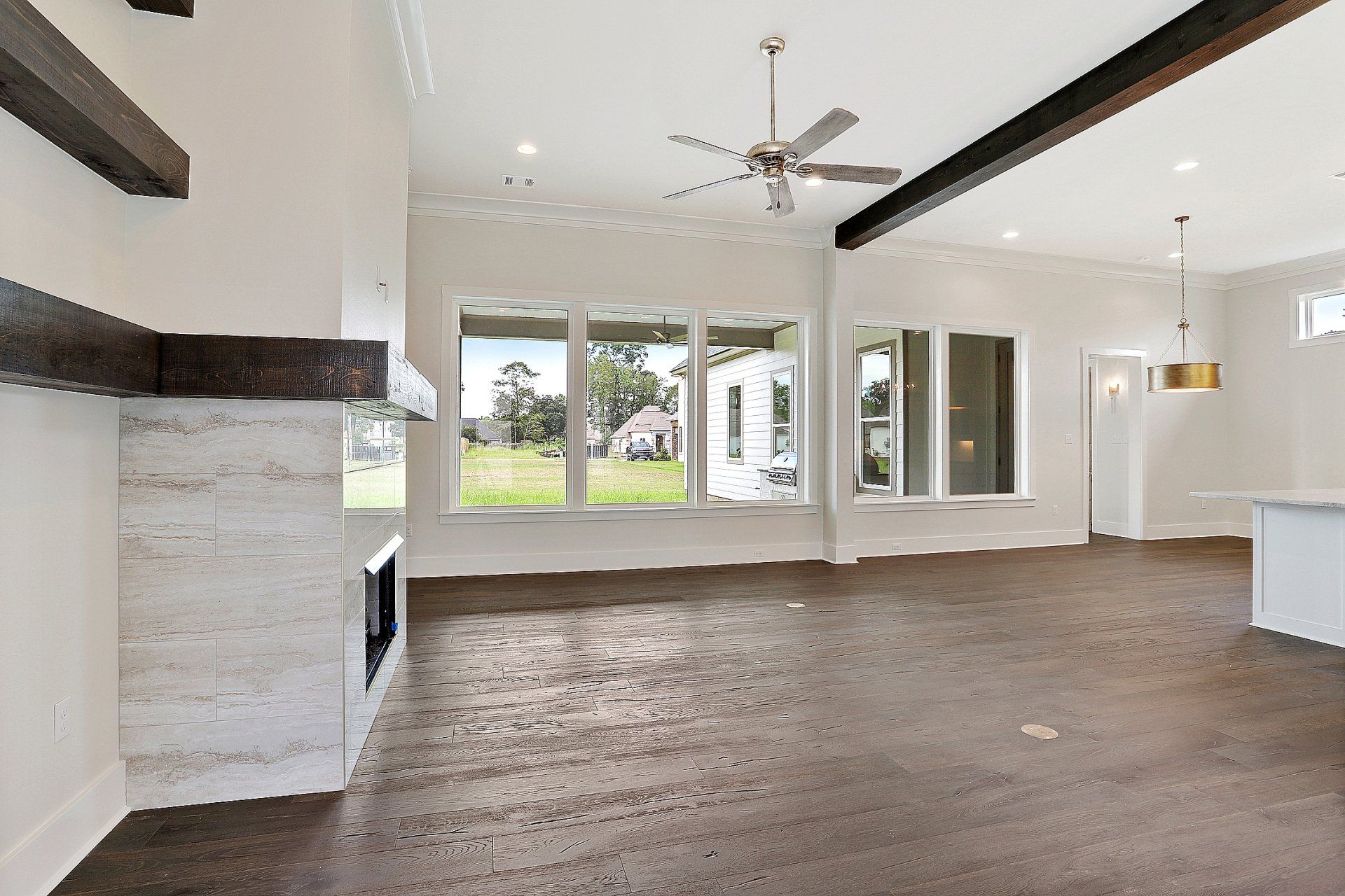 dark floors and wood beams