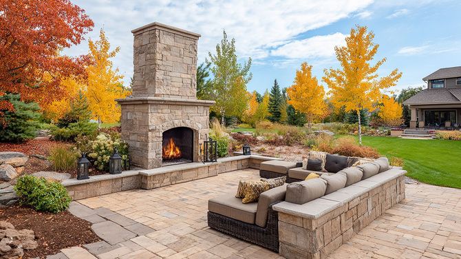 Outdoor fireplace with wicker sofas, poolside comfort, and modern patio vibes Outdoor fireplace with wicker sofas, poolside comfort, and modern patio vibes