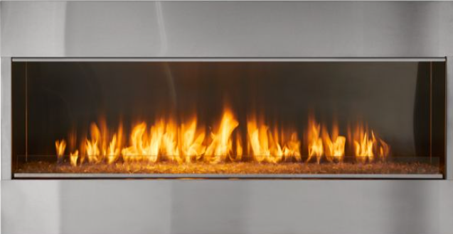 Modern horizontal fireplace with bright orange flames behind glass