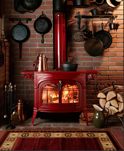 Cozy fireplace with firewood in a loft-style home interior with brick wall background.