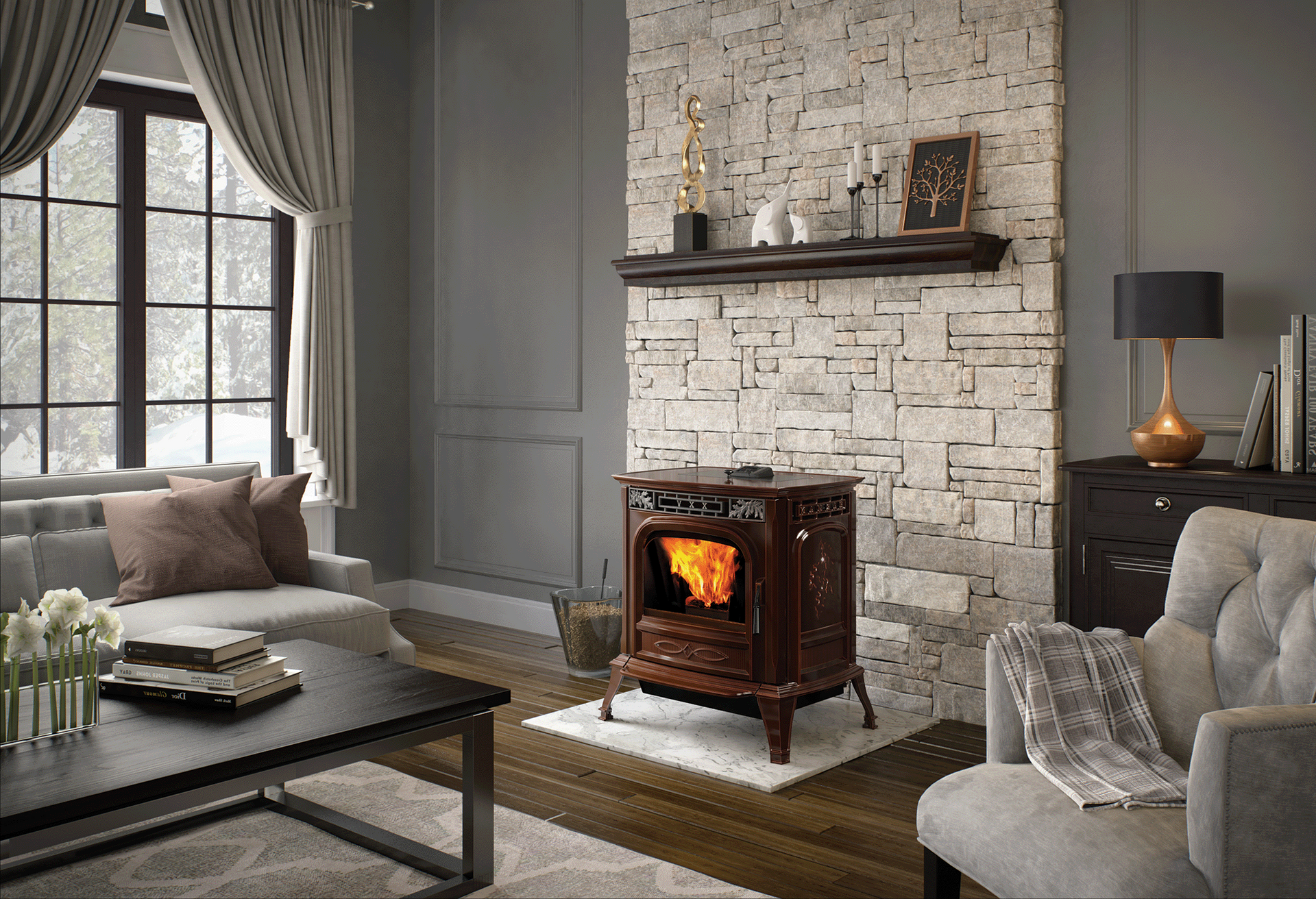 Living room with lit stove against brick wall, couch, armchair, and dark furniture. Living room with lit stove against brick wall, couch, armchair, and dark furniture.