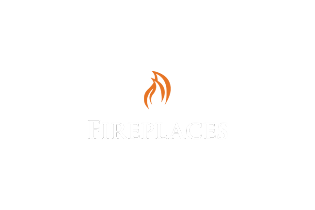 Orange flame logo above the word FIREPLACES in light gray font. Orange flame logo above the word FIREPLACES in light gray font.