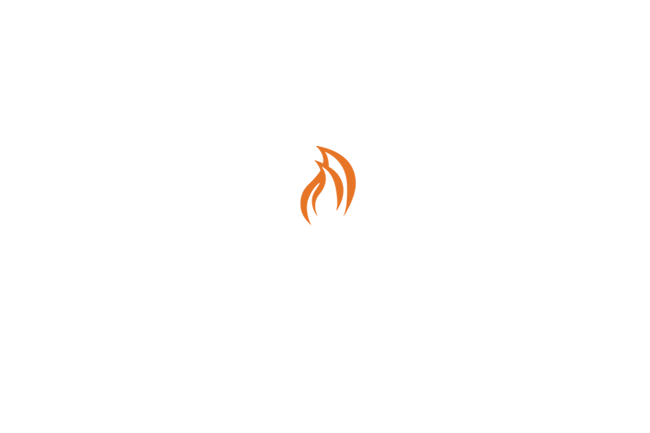 Orange flame logo above white text. Orange flame logo above white text.