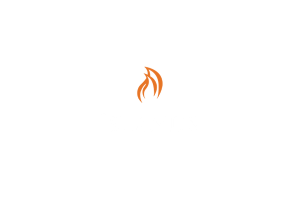 Orange flame logo above white text. Orange flame logo above white text.