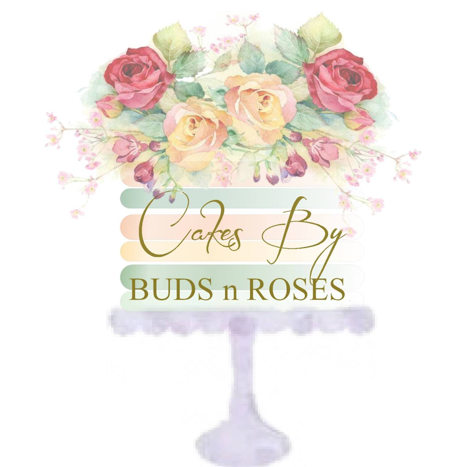 A logo for crafts by buds n roses with a bouquet of roses on a cake stand.