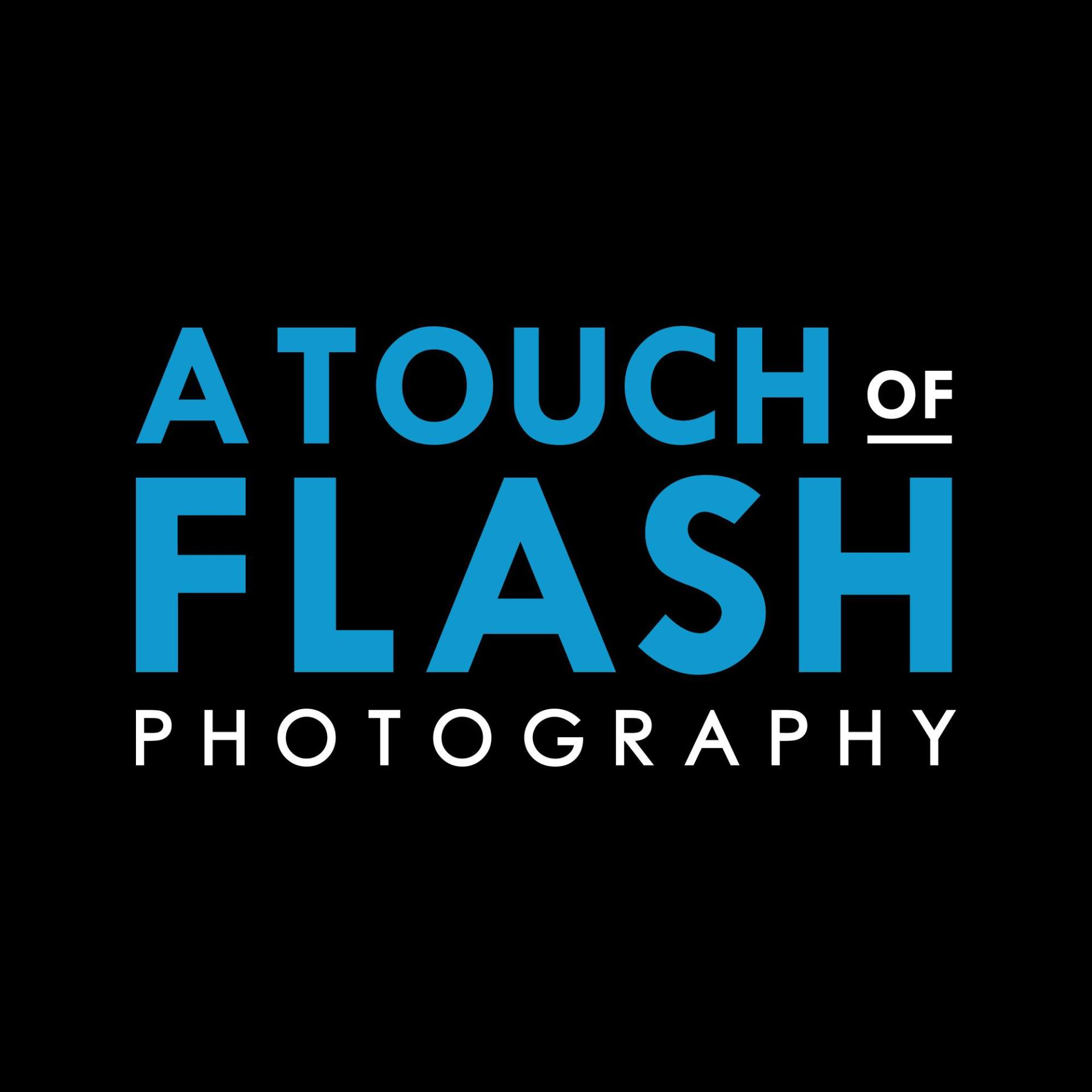 The logo for a touch of flash photography is blue and white on a black background.
