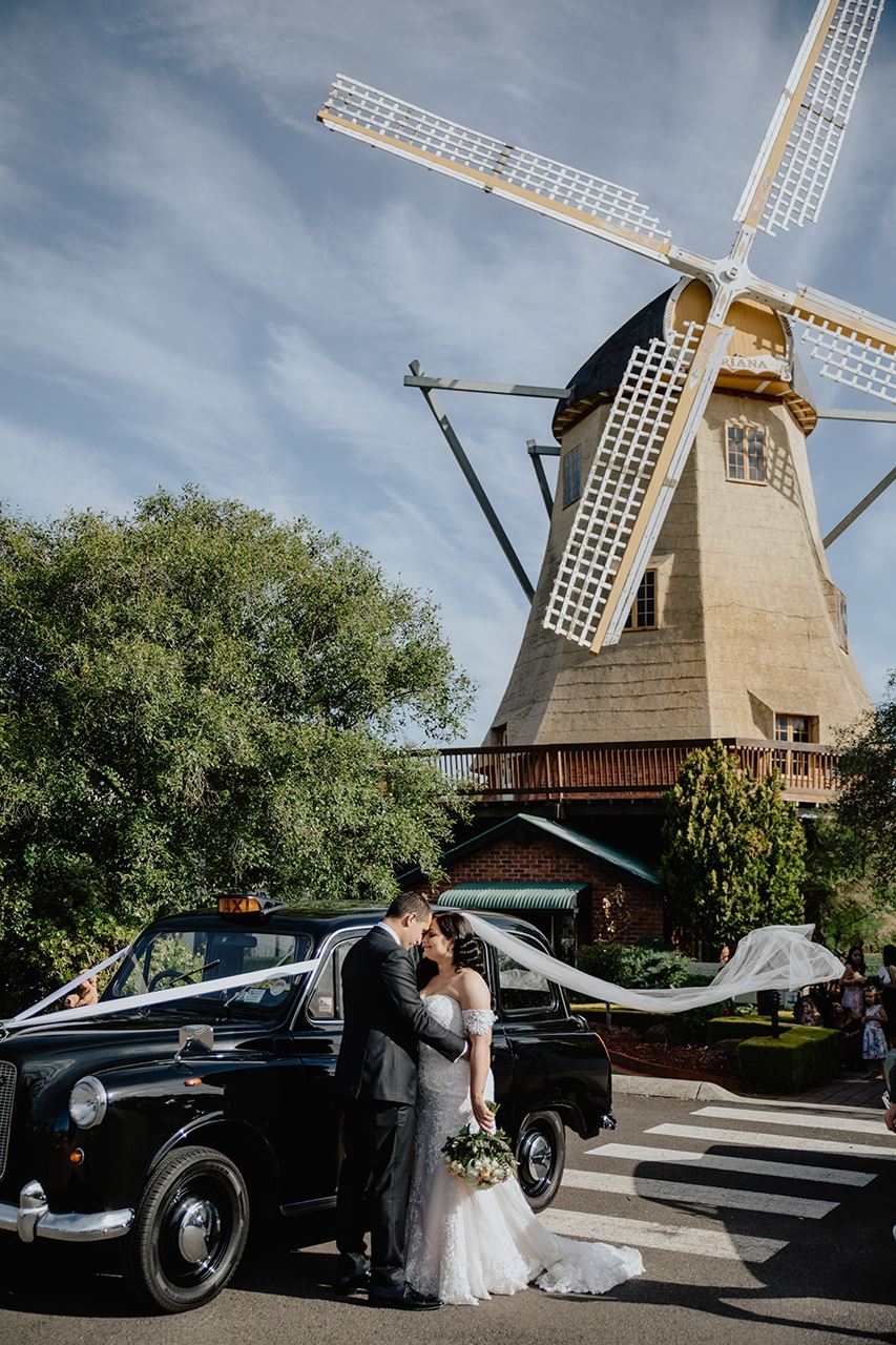 A bride and groom are kissing in front of a windmill.