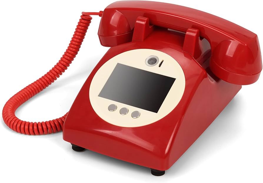 A red telephone with a white screen and a red cord