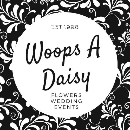 A black and white logo for woops a daisy flowers wedding events.