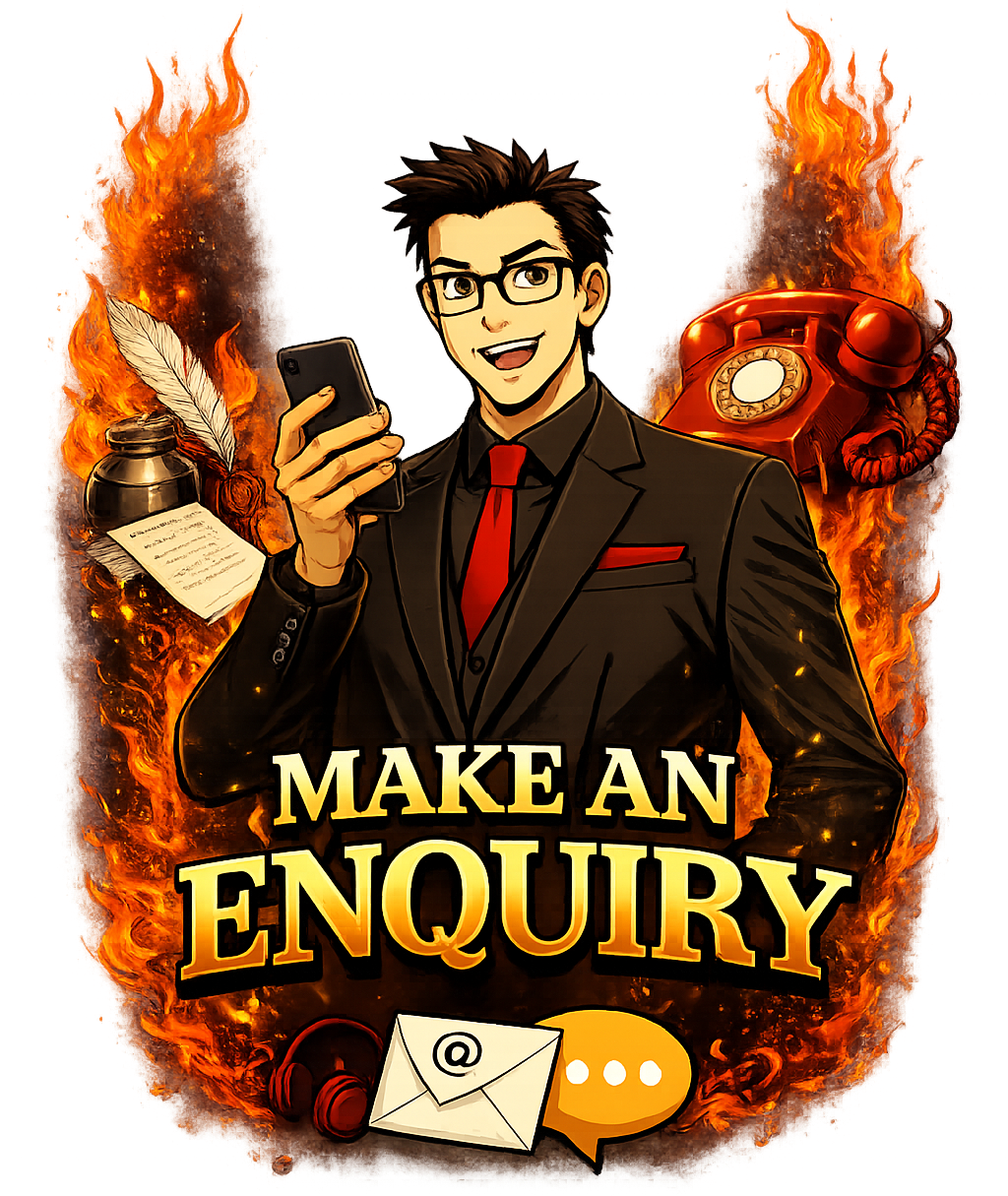 Man in suit holding phone, framed by fire, with text 