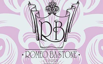 A logo for romeo bastone couture on a pink background