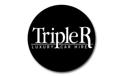 A black and white logo for triple r luxury car hire