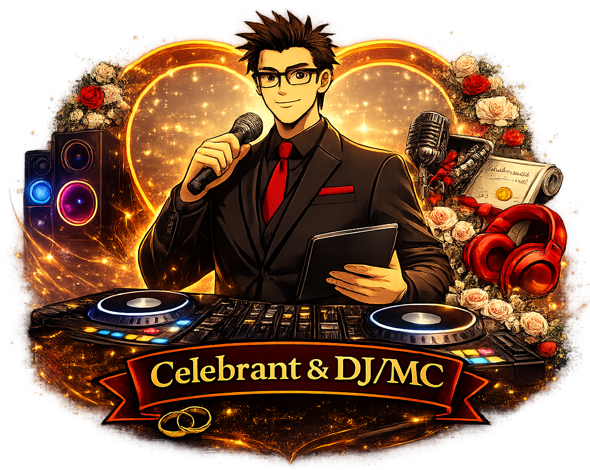 Celebrant and DJ/MC with equipment, holding a mic and tablet, in front of a golden heart and flowers.