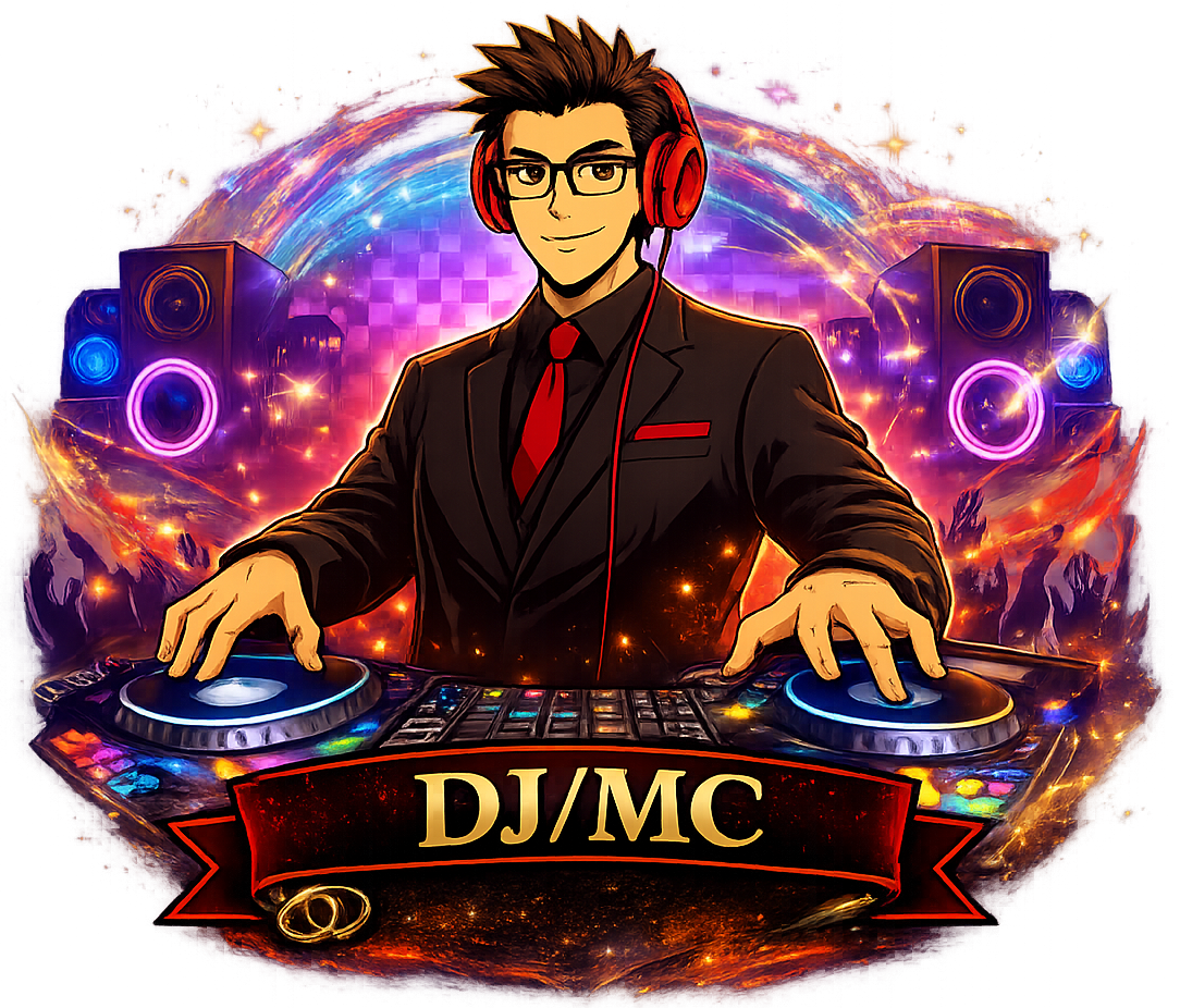 DJ/MC in a suit at a mixing console with headphones, surrounded by speakers and lights.