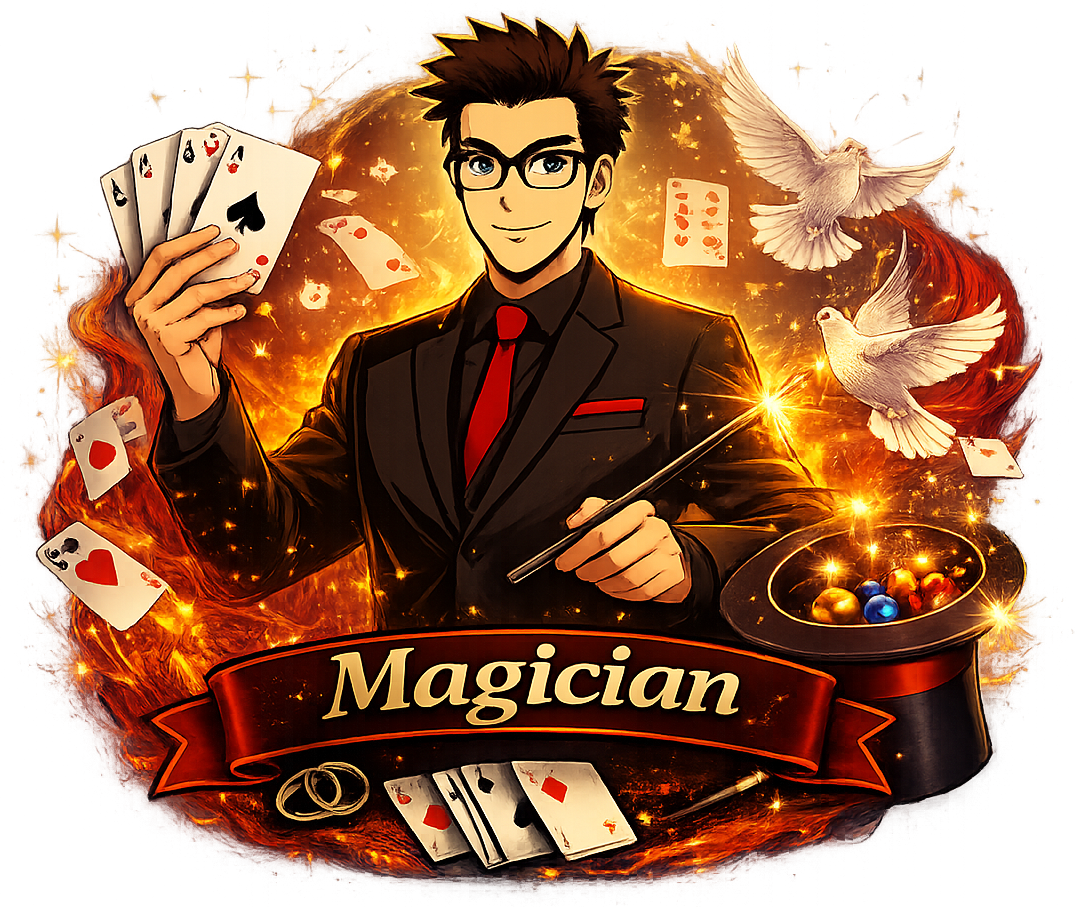 DJ/MC in a suit at a mixing console with headphones, surrounded by speakers and lights.