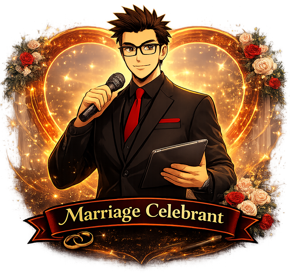 Marriage celebrant holding a microphone and tablet, framed by a heart-shaped design with flowers and text.