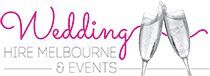 The logo for wedding hire melbourne and events shows two champagne glasses toasting each other.