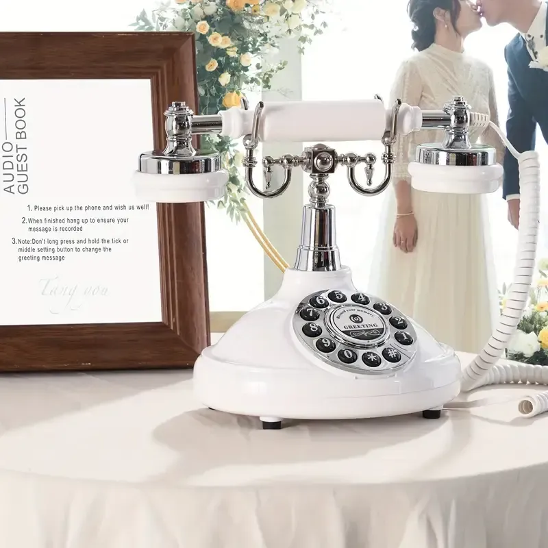 A bride and groom kissing in front of a white telephone on a table