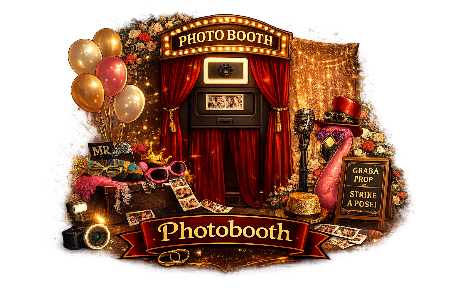 Photo booth with red curtains, props, and balloons.