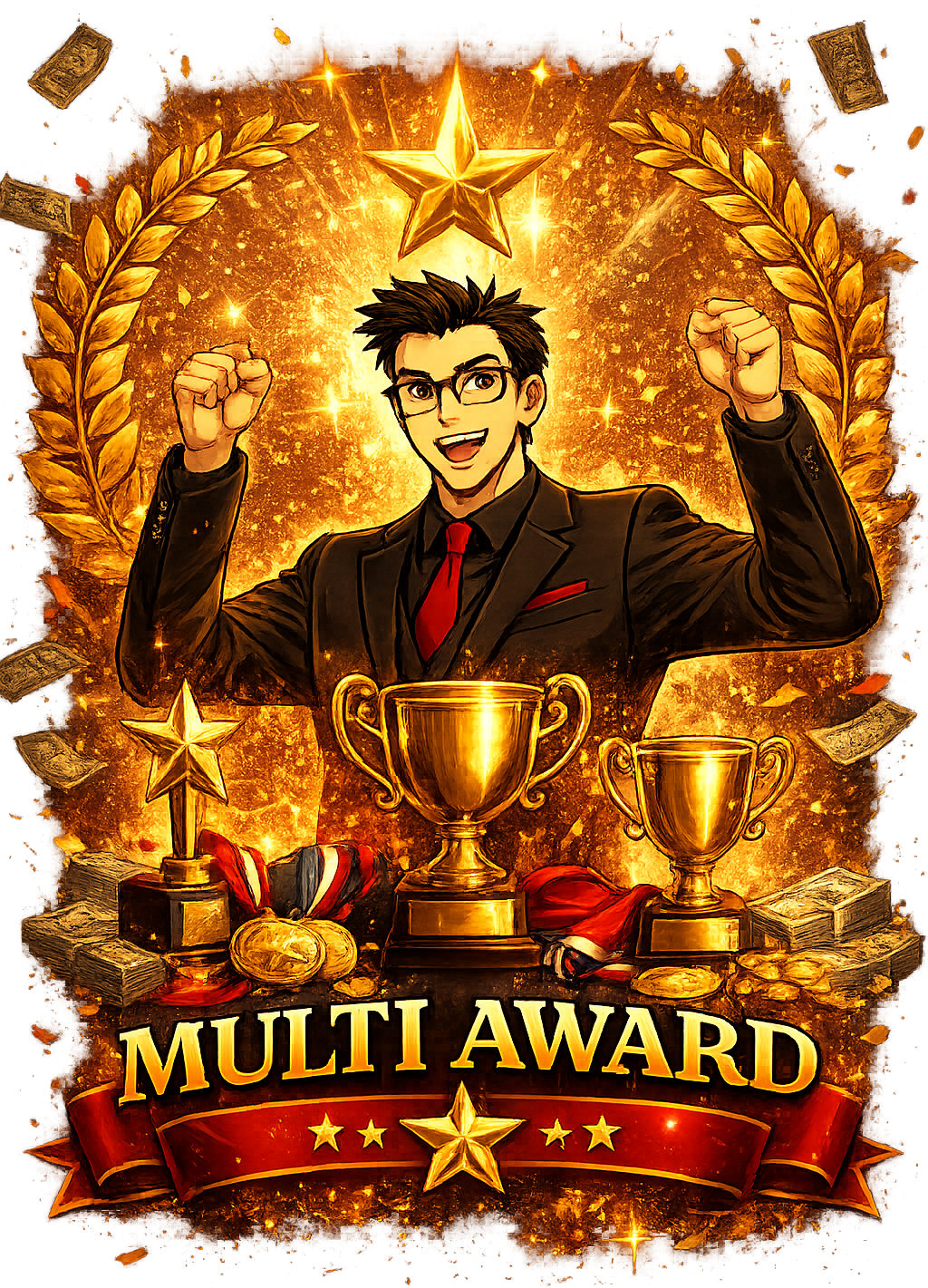 Man celebrates win with trophies, gold laurel wreath, and