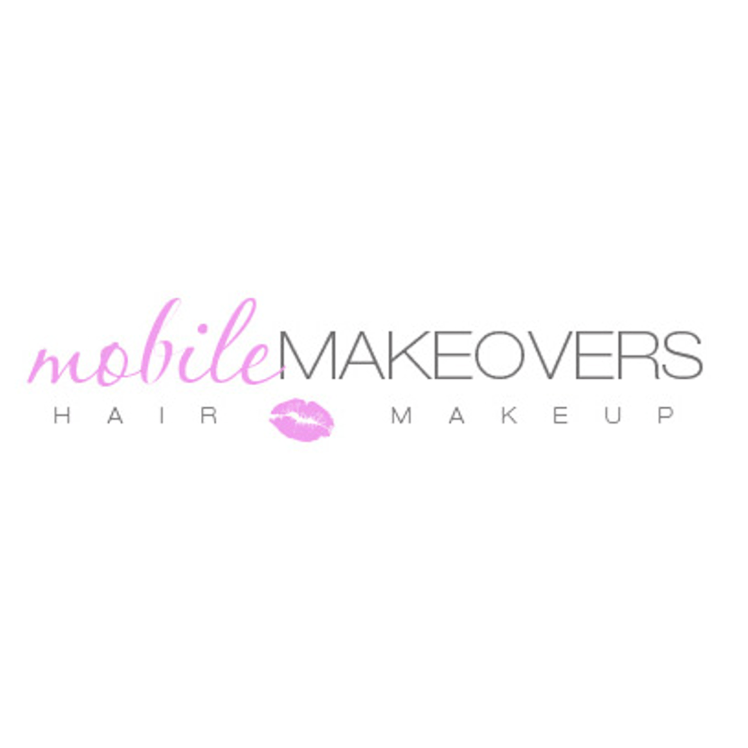 The logo for mobile makeovers hair and makeup has a kiss on it.