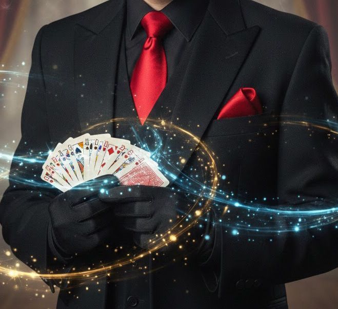Man in suit and red shirt reaches out; flames and icy blue background.