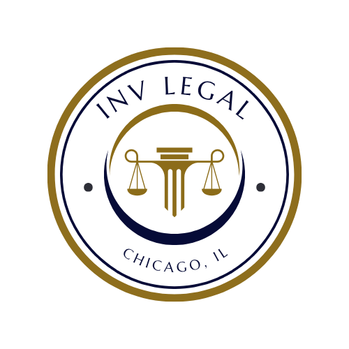 Logo for INV Legal, Chicago, IL.  A circular seal with scales of justice and stylized text in gold, white, and navy.