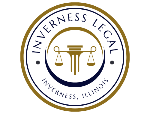 Logo for INV Legal, Chicago, IL.  A circular seal with scales of justice and stylized text in gold, white, and navy.